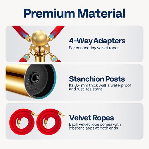 VIVOHOME Stainless Steel Stanchion Post Queue 6PCS Pole w/ 4 Red Velvet Ropes, Crowd Control Barriers w/Fillable Base for High-end Venues, Museums, Party Supplies (6 Pieces, Golden)