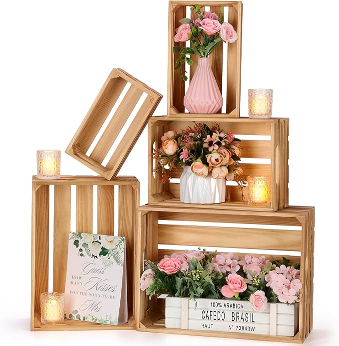 Soaoo 5 Pcs Decorative Nesting Wooden Crates for Storage Display 5 Size Large Small Rustic Wood Decorative Storage Crates with Handle Farmhouse Crate Box Container Made from Pine(Classic Color)