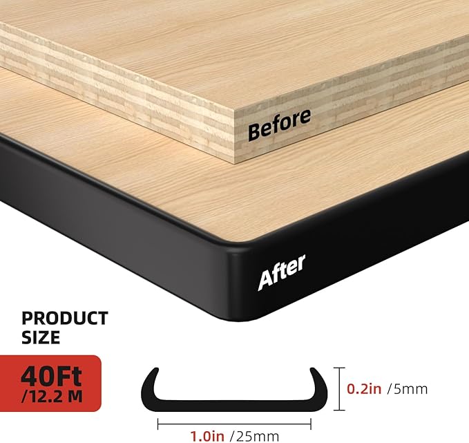 U-Shape Edge Banding, 1 inch x 40ft Edge TPE Self Adhesive Veneer Edging Trim Flexible Edge Protector, Strip for Countertop Cabinets Table Restoration Shelves, Black