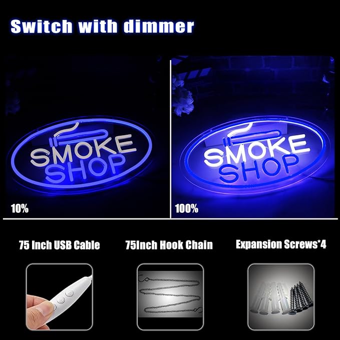 Smoke shop Neon Sign Smoke shop Neon Light LED Neon Sign for Wall Décor Dimmable LED Neon Light for Bar Restaurant Music Concert Man Cave Wall Art 16.8"×9.6"