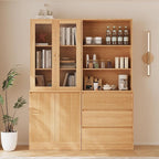 TUSY 71'' Freestanding Tall Storage Cabinet, 5 Tier Wood Bookcase with 3 Drawers and 2 Tempered Glass Doors (AB)