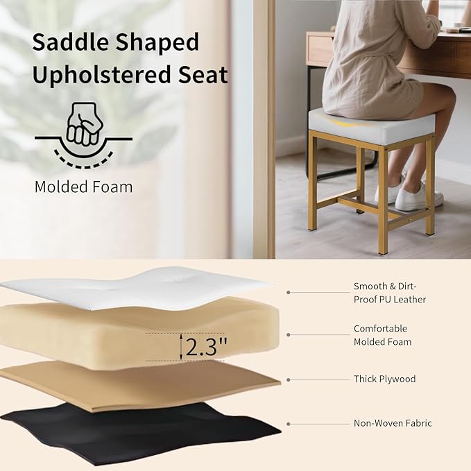 Saddle Seat Vanity Stool, Makeup Stool Chair with Metal Leg, U-Shaped PU Leather Ottoman Foot Rest, Small Square Chairs Under Desk for Vanity, Living Room, Modern Makeup Bench White&Gold