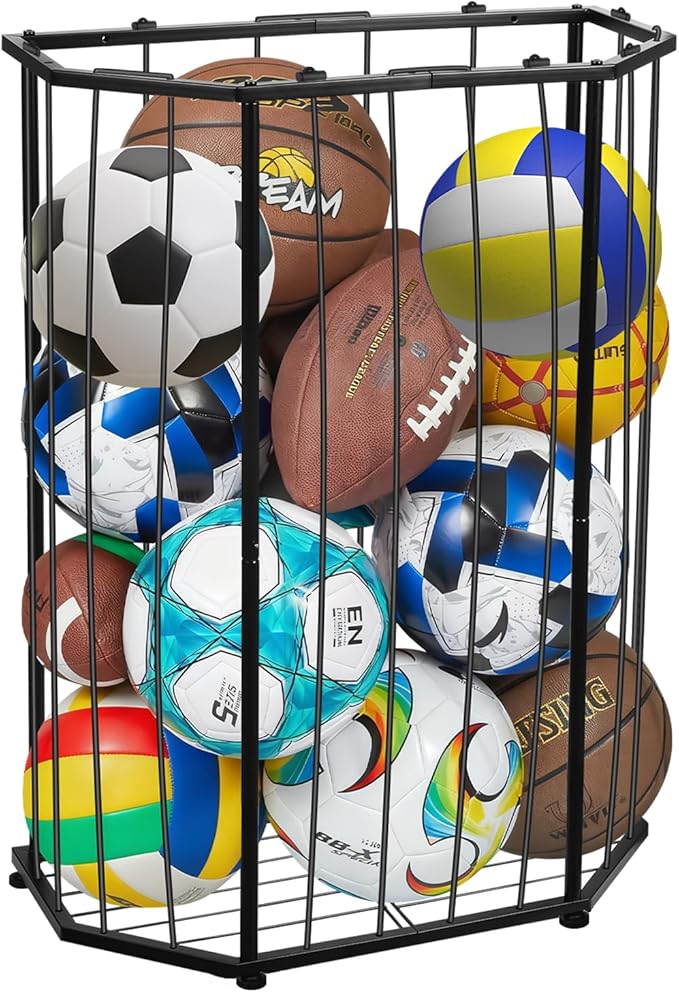 Garage Ball Storage Holder,Elastic Cord Design Can Floor-Standing & Wall-Mounted Use,Used for Basketball,Footbal,Volleyball,Rugby,Home or Outdoors Sports Equipment Storage Ball Rack。(Black)