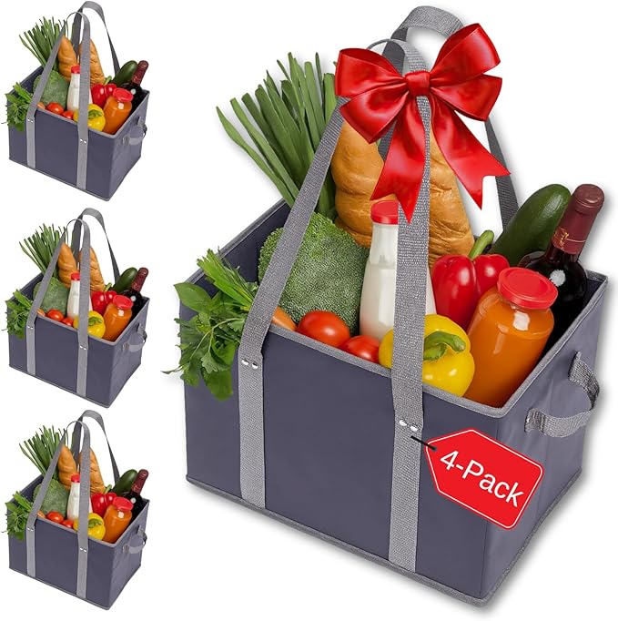 BAG-THAT! 4pk Reusable Grocery Bags Shopping Bags Tote Box Large Heavy Duty Groceries Bag Handles Foldable Reinforced Bottom (Navy Blue/Gray)