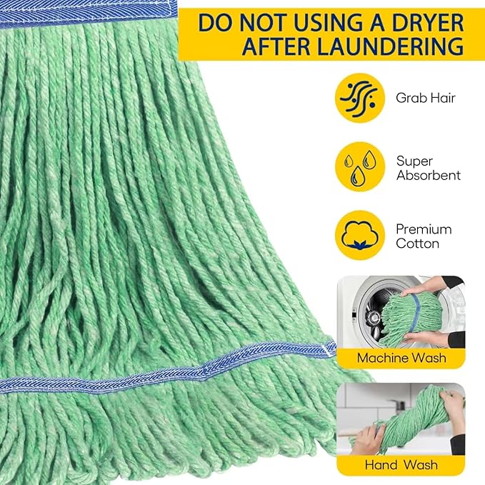 Matthew Cleaning Heavy Duty Mop Head Commercial Replacement for General and Floor Cleaning , Wet Industrial Blue Cotton Looped End String Head Refill (Pack of 6) Green