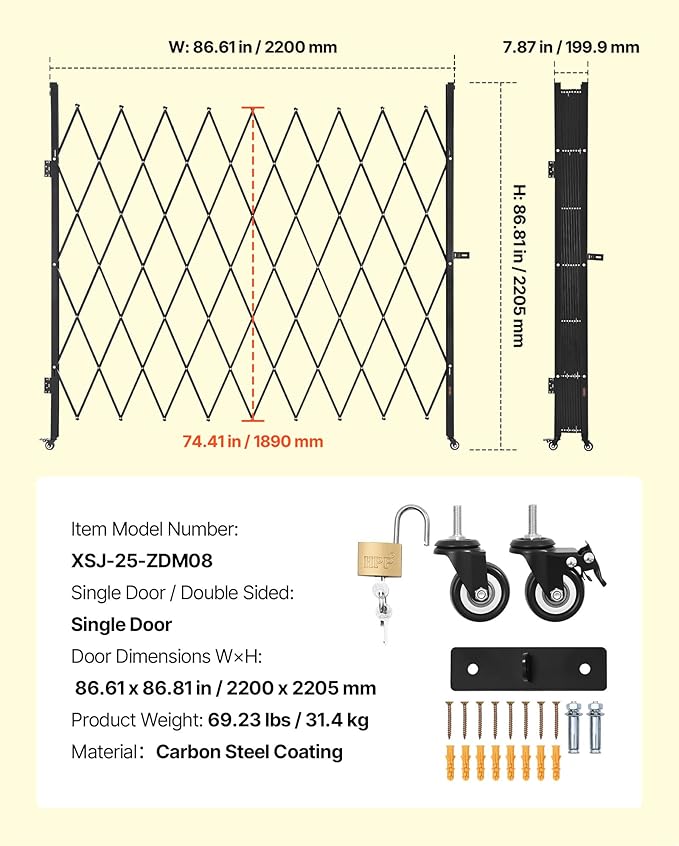 VEVOR Single Folding Security Gate, Lockable Scissor Gate with 360° Swivel Casters, Outdoor Barricade Steel Retractable Gates, for Entry Security, Garage, Warehouse & Pool, 86.61 x 86.81 in (W x H)