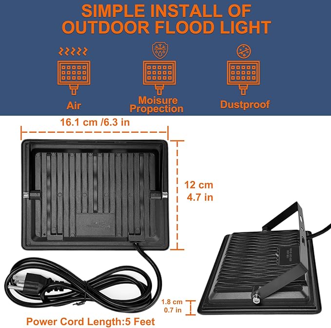 XXBSAZ 2 Pack 50W LED Flood Lights Outdoor, 8,500LM Plug-in Hardwire Work Light IP66 Waterproof - 6500K Daylight Bright for Yard, Garage, Stadium