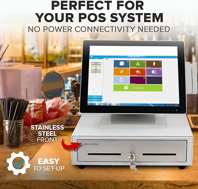 Volcora 16" Manual Push Open Cash Register Drawer for Point of Sale (POS) System - White and Stainless Steel Front Touch Panel - Durable with Removable Tray, 5 Bills and 8 Coin Slots, Key Lock