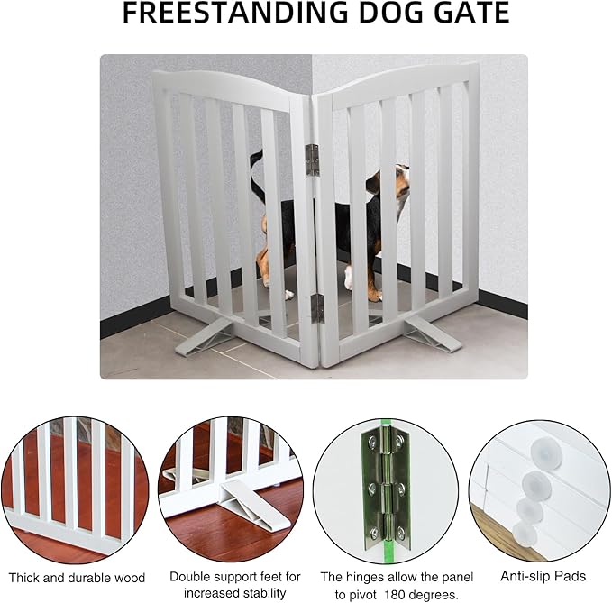 Freestanding Dog Gate Indoor, Doggie Gate Foldable Dog Gates for Doorways,Stairs or Hallways, Wooden White Pet Gate for The House, Pet Fence with Support Feet Included,24 "Height-2 Panels