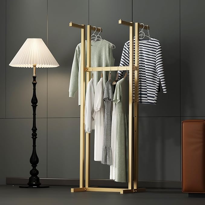 Gold Clothing Racks, Metal Clothes Rack with 4 Straight Arms, Freestanding Garment Rack for Hanging Clothes Heavy Duty, 46" to 63" Adjustable Height Retail Clothing Rack for Boutiques Display