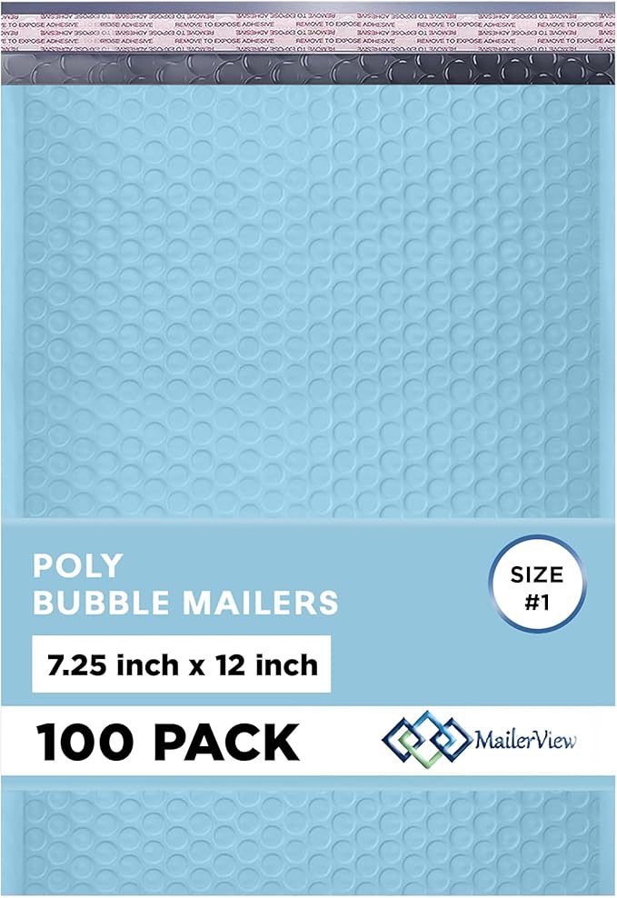 Light Blue Poly Bubble Mailers 7.25x12 inch #1 | Self Seal Padded Envelopes | Cushioned Bubble Mailer | Usable Size 7.25x11 | WaterProof | Lightweight mailing Shipping Bags | 100 Pack Bulk
