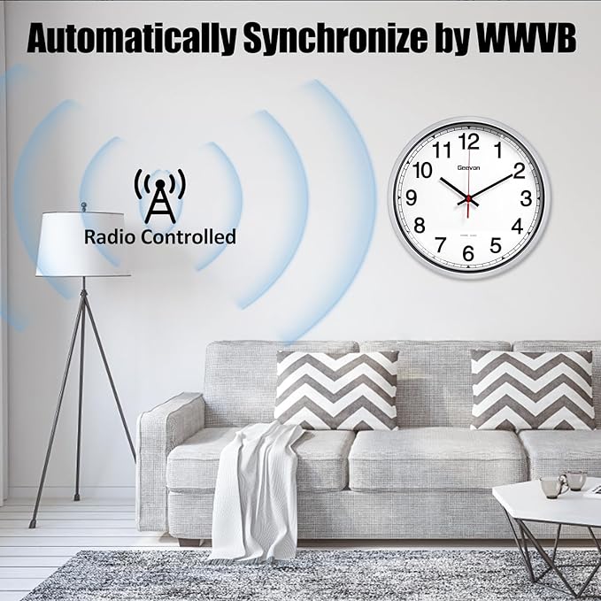 Geevon 14 Inch Atomic Wall Clock - Self-Setting Analog Clock with Automatic Time Sync - Battery Operated for Home Office School - Silver Frame
