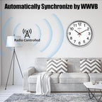 Geevon 14 Inch Atomic Wall Clock - Self-Setting Analog Clock with Automatic Time Sync - Battery Operated for Home Office School - Silver Frame