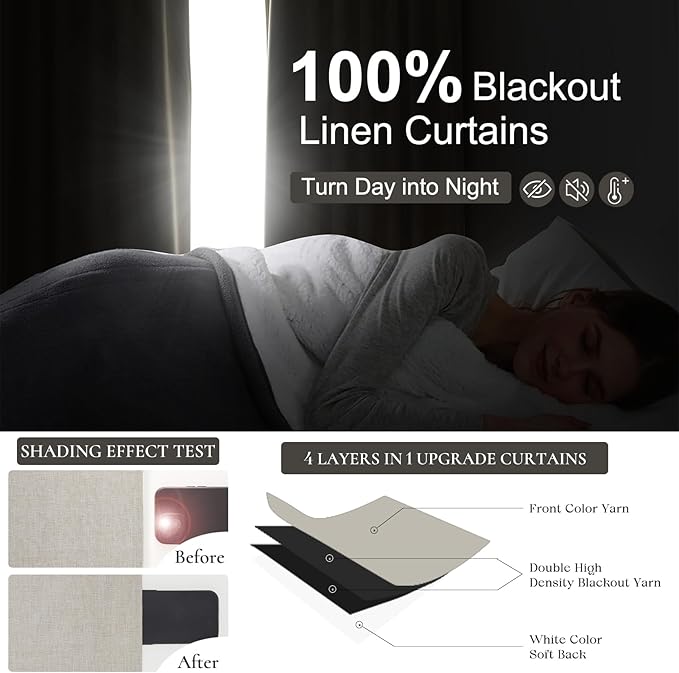 Blackout Curtains 70 Inches Extra Wide Natural Linen Curtains 84 Inch Length for Living Room, Pleated Farmhouse Bedroom Thermal Drapes for Winter Thick Window Energy Efficient 70"W x 84"L 2 Panels