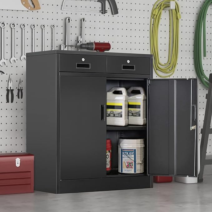 Metal Storage Cabinet, 36" H Locking Storage Cabinet with 2 Drawers and Adjustable Shelf, Metal Cabinets for Office, Garage, Home-Black