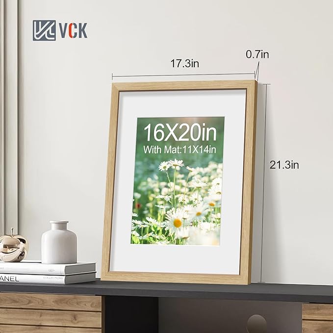 VCK 16x20 Picture Frame 5 Pack - Natural Oak, High-End Wood Poster Frames with Tempered Glass, Display 11x14 Photo with Mat or 16x20 without Mat, Art Gallery-Quality, Wall Hanging, Natural Oak