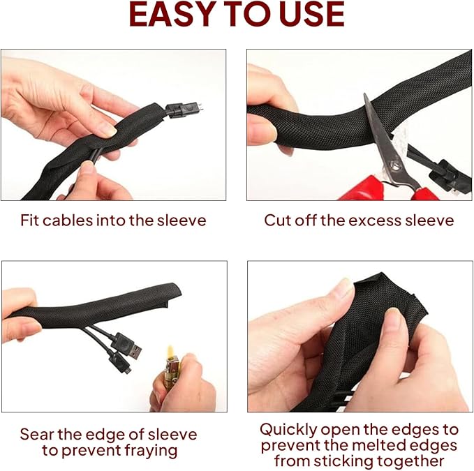 Black Braided Cable Management Sleeves Wire Loom Tubing Cord Protector Self-Wrapping (1/2"-20Feet)