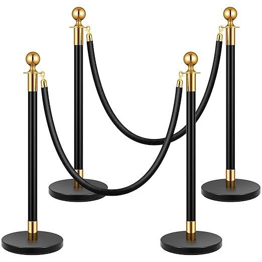 VIVOHOME Heavy Duty Iron Stanchion Post Queue 4PCS Pole w/ 2 Black Velvet Ropes, Crowd Control Barriers w/Fillable Base for High-end Venues, Museums, Party Supplies (4 Pieces, Black and Golden)
