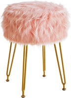 IBUYKE Round Faux Fur Vanity Stool with Storage, Furry Makeup Chair Ottoman, Soft Padded Seat, Round Footrest Footstools with 4 Metal Legs, for Living Room Bedroom Entryway, Pink WBD021P