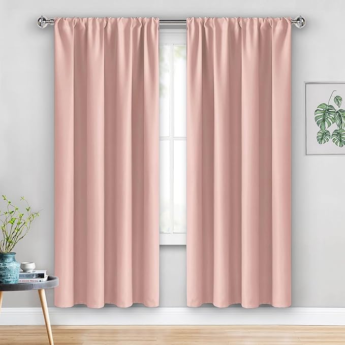 JIUZHEN Blackout Curtains for Bedroom - Thermal Insulated Room Darkening Rod Pocket Curtains for Living Room, Set of 2 Panels with Tiebacks, 38 x 72 Inch Length, Blush Pink