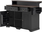 Rolling Kitchen Island with Two-Tier Bar Counter and Power Outlets, 3 Drawers & 4 Door Shelves, Mobile Kitchen Cart with Storage Cabinets & Locking Wheels for Dining Room & Kitchen, 53-Inch, Ash Black