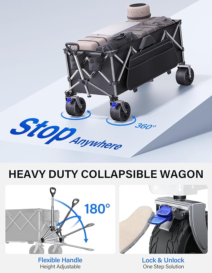 Heavy Duty Collapsible Wagon - 440lbs Capacity All-Terrain Folding Cart with Big Wheels for Family Beach Days, Camping & Grocery Haul | One-Click Fold & Washable Fabric