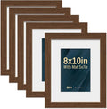 VCK 8x10 Picture Frame 5 Pack - Brown, High-End Wood Poster Frames with Tempered Glass, Display 5x7 Photo with Mat or 8x10 without Mat, Art Gallery-Quality, Wall Hanging/Tabletop, Brown