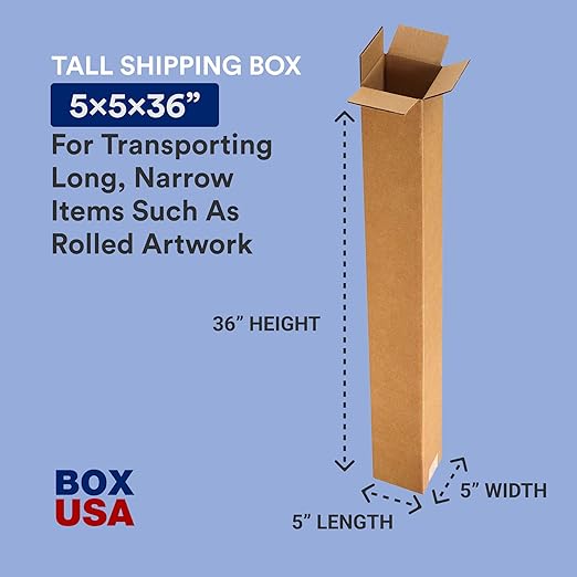 BOX USA 5x5x36 Tall Corrugated Boxes, Tall, 5L x 5W x 36H, Pack of 25 | Shipping, Packaging, Moving, Storage Box for Home or Business, Strong Wholesale Bulk Boxes