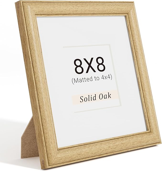 Natural Oak 8x8 Picture Frames Mat to 4x4 Picture Display,Original Wood Handcrafted Photo Frame,Wooden Frame 8x8 with Tempered Glass Graduation Family Wedding Pictures Tabletop & Wall Decor