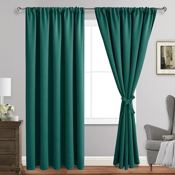 JIUZHEN Christmas Blackout Curtains for Bedroom - Thermal Insulated Room Darkening Rod Pocket Curtains for Living Room, Set of 2 Panels with Tiebacks, 70 x 96 Inch Length, Forest Green