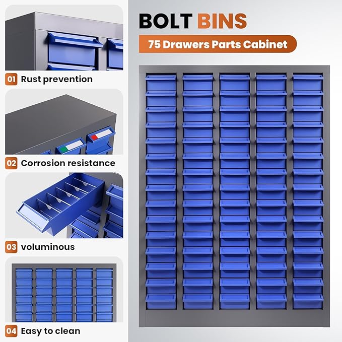 Nut and Bolt Storage Cabinet with ABS Drawer,Steel Small Parts Storage Organizer,36" H X 9" D X26 W Screw Organization for Garage Hardware,Nails,Fastener,Bolts,Nuts,and More (75 ABS Drawers)