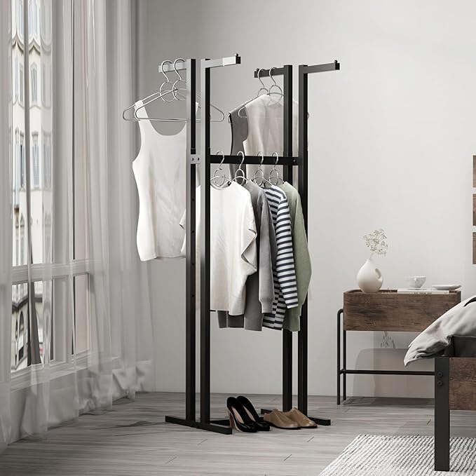 Black Clothes Racks with 4 Straight Arms, Metal Clothing Rack for Hanging Clothes, Freestanding Garment Rack Heavy Duty, 46" to 63" Adjustable Height Retail Clothing Rack for Boutiques Display