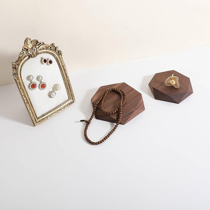 GemeShou single Walnut Jewelry display Tray for selling, Wooden hexagon display riser for jewelry, Jewelry retail shop display stand, photography props【Walnut Hexagon single Large】