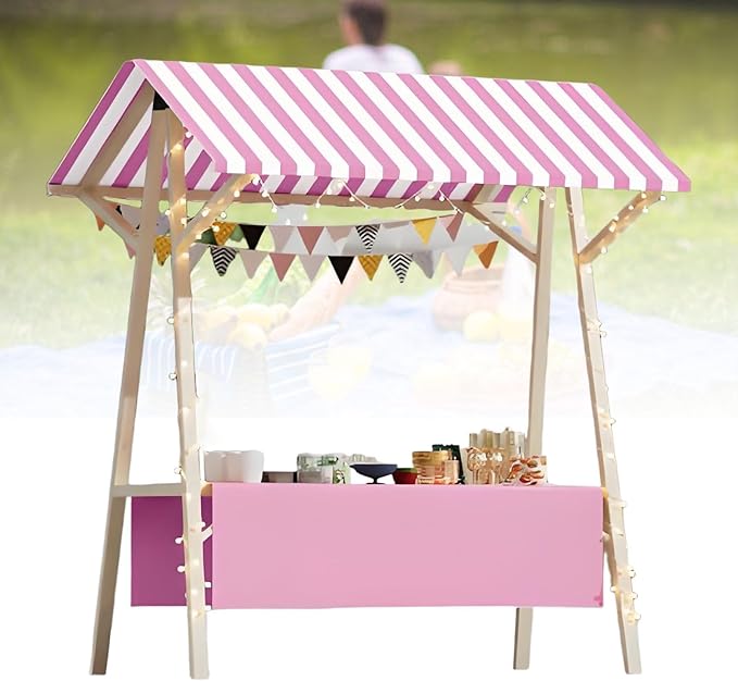 Collapsible Mobile Market Stall Carts Vendor on Wheels, Wood Outdoor Vendor Cart, Easy to Assemble for Parties, Birthdays, Weddings, Bar(Pink2,120cm/47.2in)