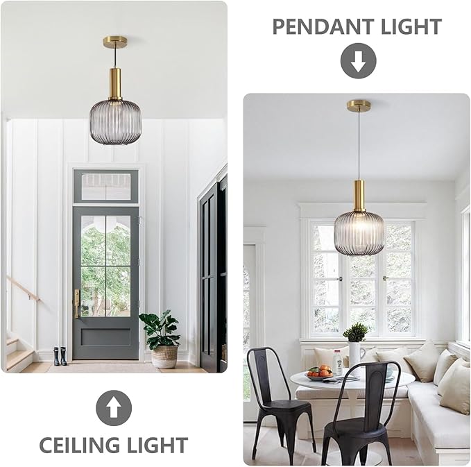 KCO Lighting Mid Century Smoke Glass Pendant Light Antique Brass Kitchen Island Pendant Lighting Modern Striped Glass Globe Hanging Light Large Industrial Pendant Light Fixture
