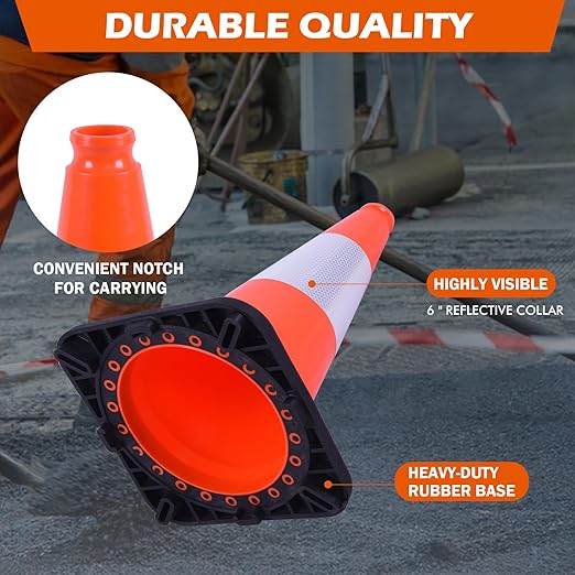 4 Pack 18 Inch Orange PVC Traffic Cones Black Base Stable Durable, Parking Lot Driveway School Training Safety Cones Multi-Purpose (4, Orange, 18 Inch)