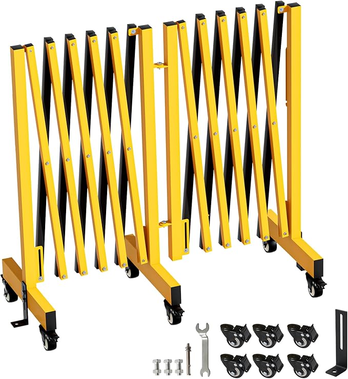 12.2FT Industrial Metal Expandable Barricade，Retractable Traffic Fence with Casters, Folding Security Gate，Portable Barricade Gate for Construction Area, Traffic Control, Cordon