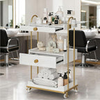Barber Salon Trolley Cart w/Lockable Wheels, 3-Tier Rolling Beauty Cart with 2 Drawers & Dryer Holder, Mobile Beauty Trolley for Beauty Spa Barbershop(White)