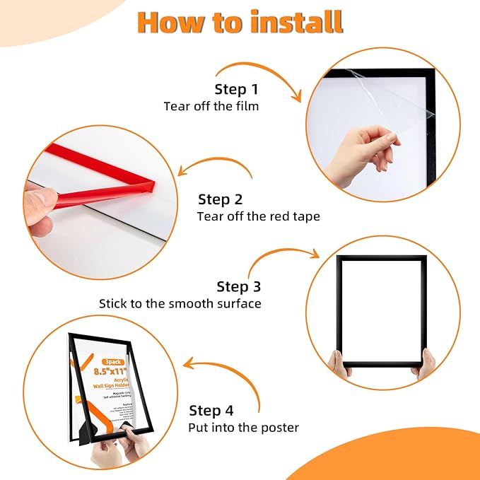 3 Pack 8.5x11 Acrylic Sign Holder Wall Mount with Framed Border, Peel & Stick Adhesive & 180° Flip Design - Single-Sided Clear Plastic Display for Menu, Poster, Flyer (Horizontal/Vertical) - Office, Home, Restaurant