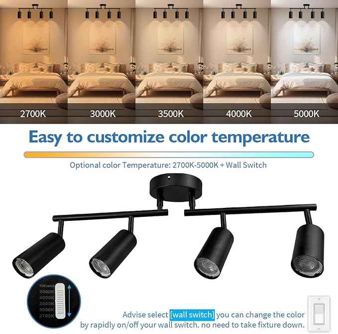 Jolux LED 4 Light Track Lighting Kit, Black 4 Way Ceiling Spot Lighting, Included 4 GU10 Bulbs 1100LM 5CCT Selectable,Flexibly Rotatable Light Head for Kitchen Cabinet Art Walls Hallway Living Room