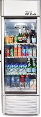 PremiumLevella PRF90DX Glass Door Display Refrigerator 9.0 cu ft Commercial Beverage Cooler Merchandiser With Customizable Lightbox - Silver