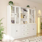 TUSY 71" H Bookshelf Bookcase with Doors, 3-Tier Modern Bookshelves with 3 Large Drawer, Display Bookcase with Glass Doors, Modern 5-Tier Curio Cabinet for Home Office, Dining Room (White, BAB)