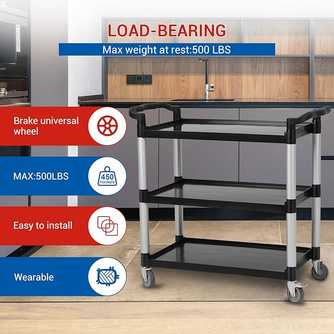 Service Cart 3 Shelf, Plastic Heavy Duty 3-Tier Utility Cart with Wheels, Rolling Utility/Push Cart for Foodservice/Commercial/Restaurant/Office/Warehouse/Kitchen/Hotel
