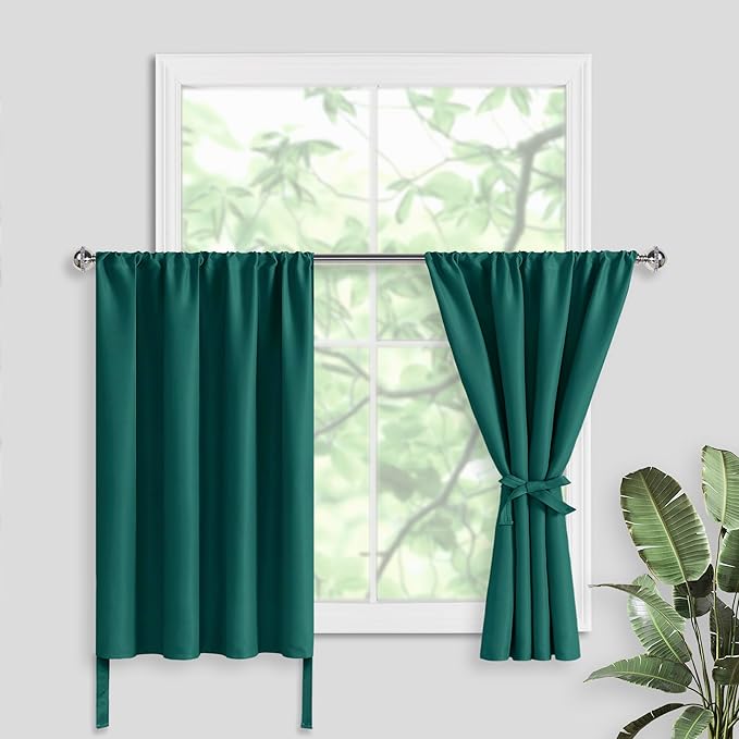 JIUZHEN Short Blackout Curtains for Small Window - Cafe Room Darkening Privacy Thermal Half Window Curtains Tiers for Bathroom,Kitchen, W 42 x L 30, Set of 2 Panels with Tiebacks, Forest Green