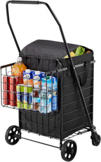 VEVOR Shopping Cart, Folding Grocery Utility Cart with Dual Baskets, Waterproof Liner & Wheels, 100 LBS Large Load Capacity, Heavy Duty Laundry Basket for Laundry, Shopping, Camping, Grocery, Luggage