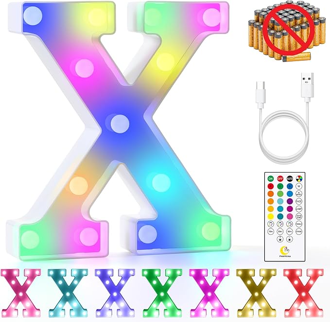 mooncow Rechargeable Light Up Letters,Colorful Marquee Letters with Remote,Gift Wrap Gifts,Bedroom Home Bar Party Decor (X)