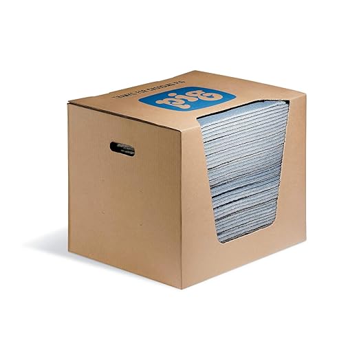 PIG Super Absorbent Mat Pads in Dispenser Box | 50 Oil Spill Mats | 15" x 19" Perforated Pads | Each Pad Absorbs 43 oz | Total Absorbency is 17 Gallons | Heavyweight | PMB30127
