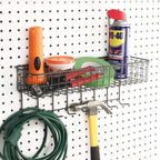 Spectrum Pegboard & Wall Mount Wire Basket With 8-Hook Station (Industrial Gray) - Storage & Organizer For Garage, Tools, Shed, Home, Work Bench, Crafts, & More