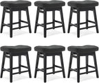 Counter Height Black Bar Stools Set of 6 for Kitchen Counter, Backless Farmhouse Kitchen Island Barstools with Upholstered Faux Leather Saddle Seat and Solid Wood Legs Modern 24 inch Bar Chairs