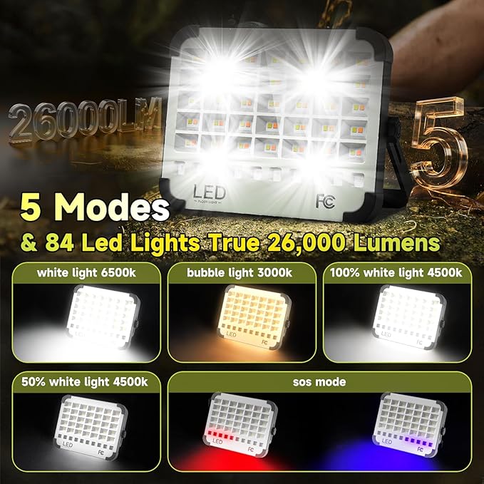 300W LED Solar Work Light, Sinear 26000LM Magnetic Portable Light, 26000mAh Rechargeable with 5 Modes, IP66 Waterproof for Outdoor Camping, Car Repair, Building, Workshop, Garage, Emergency